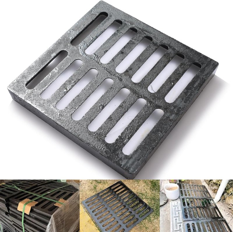 Facoba Cast Iron Drain Grate, 10 * 10in Outdoor Drain Cover, B125 Class Ductile Iron Channel Drainage Grates, Heavy Duty Sewer Grate,Black Square Drain Grate for Yard,Driveway,Concrete Floor. - Image 1